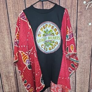 Red and Black Sgt. Pepper's Graphic Kantha Top Sm-3x